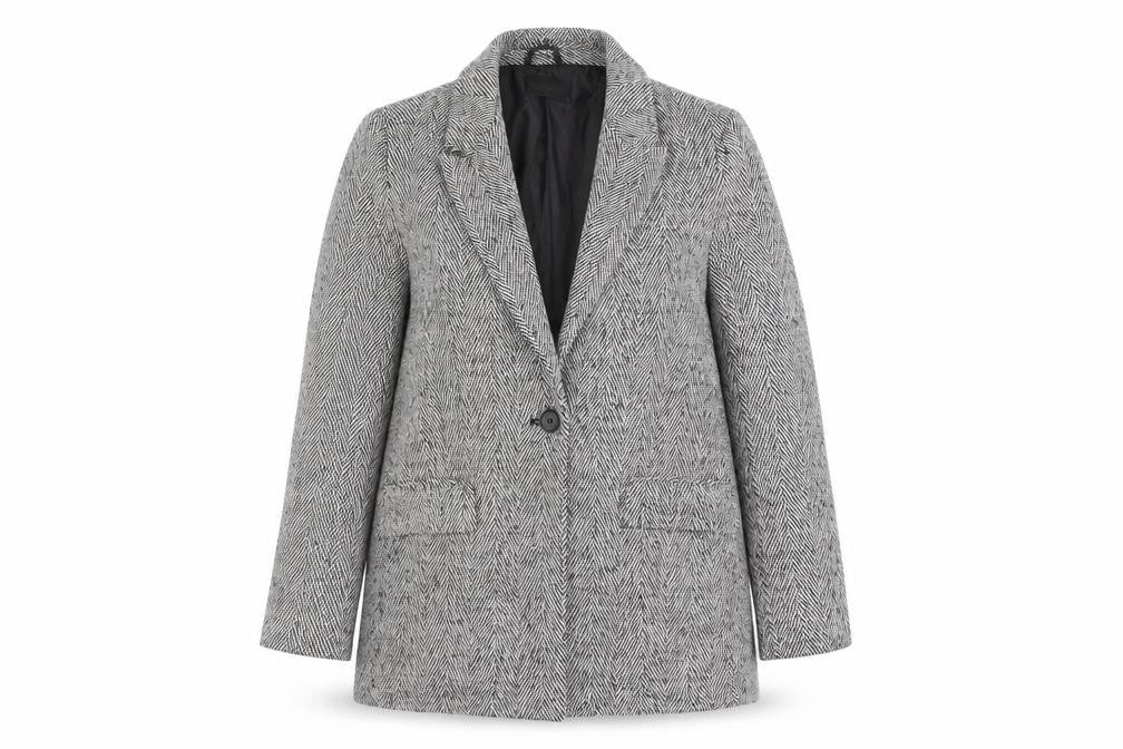 Et Vous Women's Grey Herringbone Single-Breasted Blazer Size 12 Wool Blend