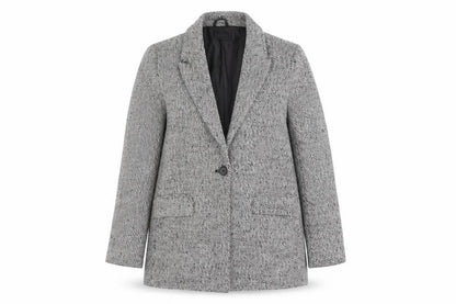 Et Vous Women's Grey Herringbone Single-Breasted Blazer Size 12 Wool Blend