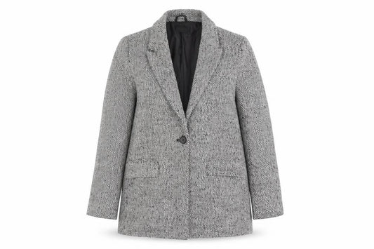 Et Vous Women's Grey Herringbone Single-Breasted Blazer Size 12 Wool Blend