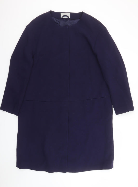 H&M Womens Blue Regular Fit Mid-Length Collarless Coat Size 14