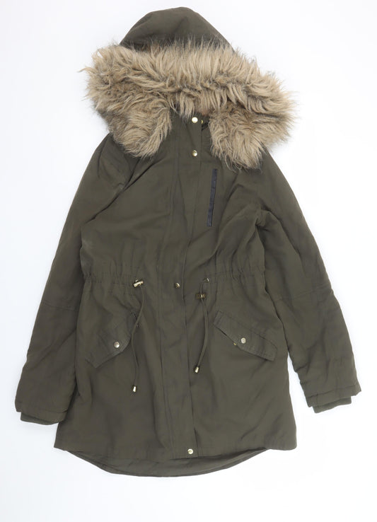 Oasis Women’s Green Fur Trim Hooded Parka Coat Size S
