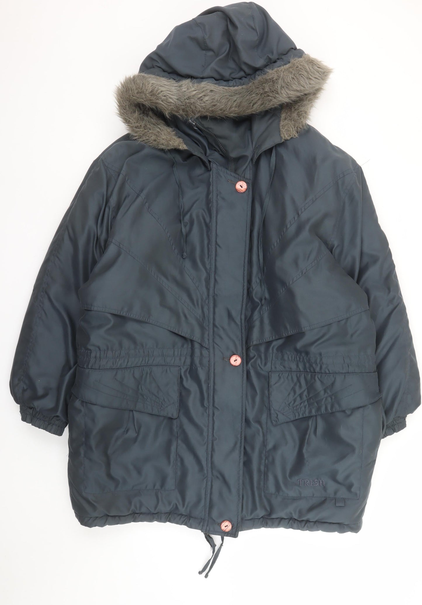 Micro by Trish Womens Blue L Parka Jacket Faux Fur Hood Winter Coat
