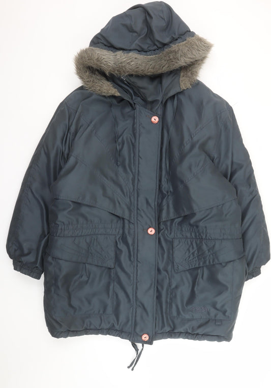 Micro by Trish Womens Blue L Parka Jacket Faux Fur Hood Winter Coat