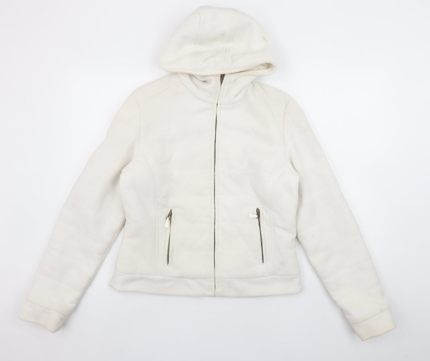 Zara Women White Fleece Hooded Jacket Size 14 Full Zip Casual