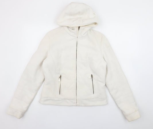 Zara Women White Fleece Hooded Jacket Size 14 Full Zip Casual