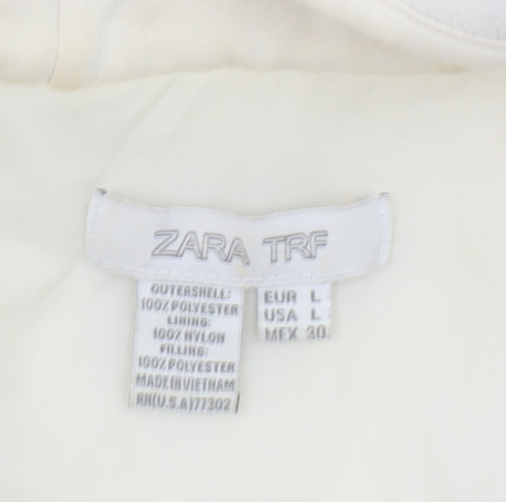 Zara Women White Fleece Hooded Jacket Size 14 Full Zip Casual
