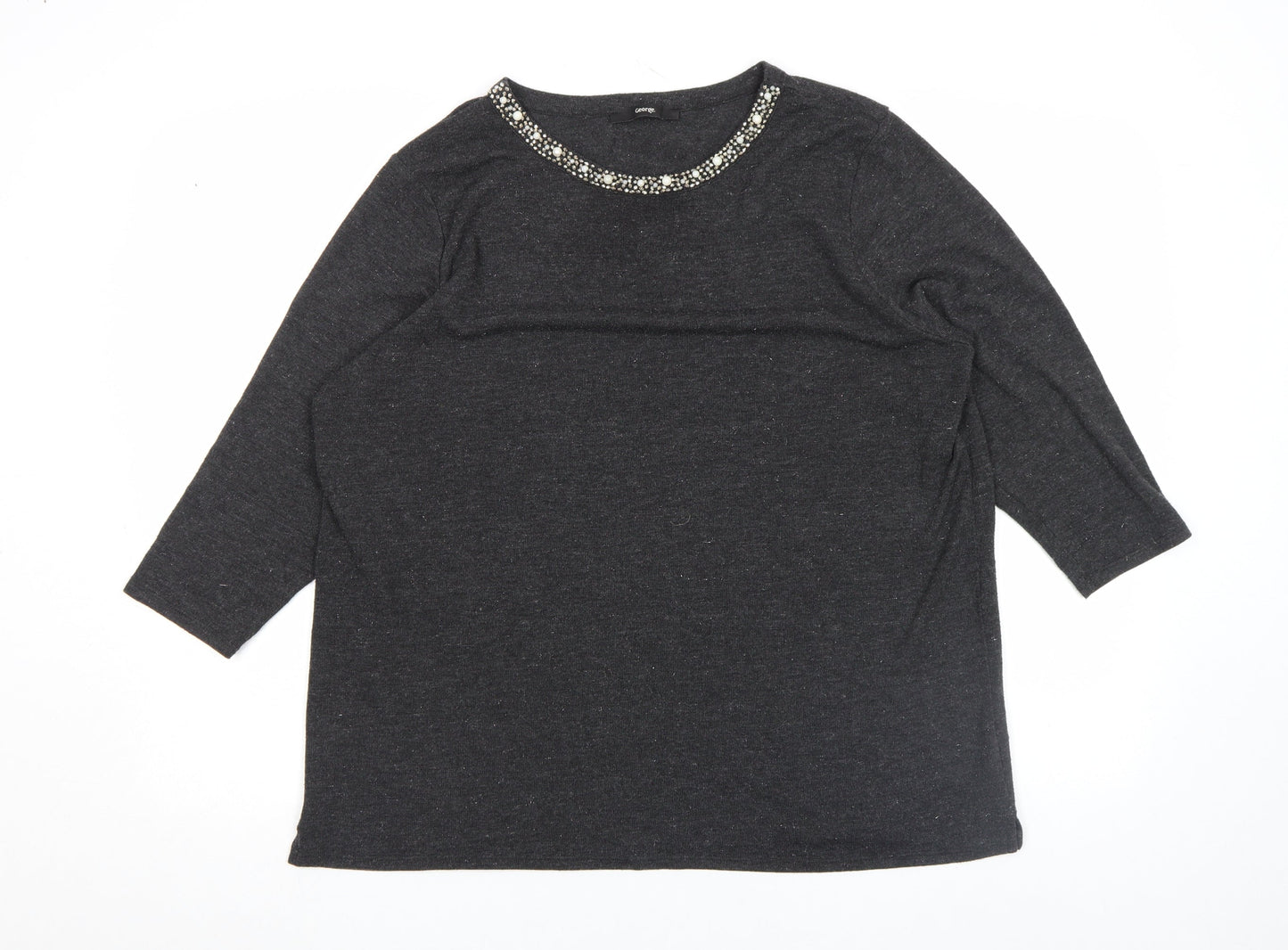 George Women's Black Beaded Crew Neck Top Size L 3/4 Sleeve Stretch