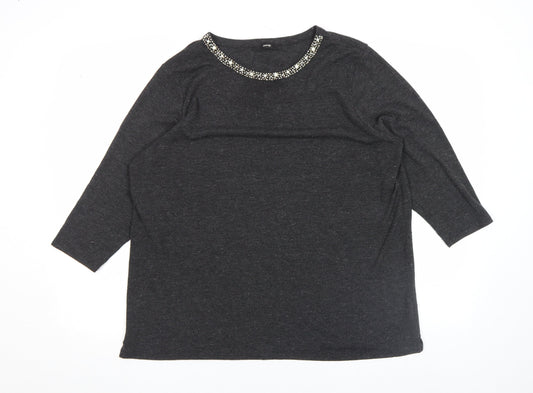 George Women's Black Beaded Crew Neck Top Size L 3/4 Sleeve Stretch
