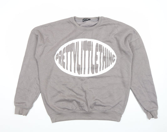 PrettyLittleThing Women Grey Pullover Sweatshirt M Logo Print Crew Neck