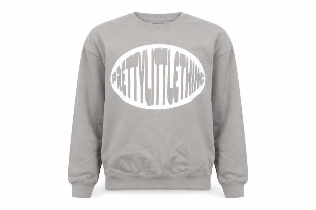 PRETTYLITTLETHING Women Grey Pullover Sweatshirt M Logo Print Crew Neck