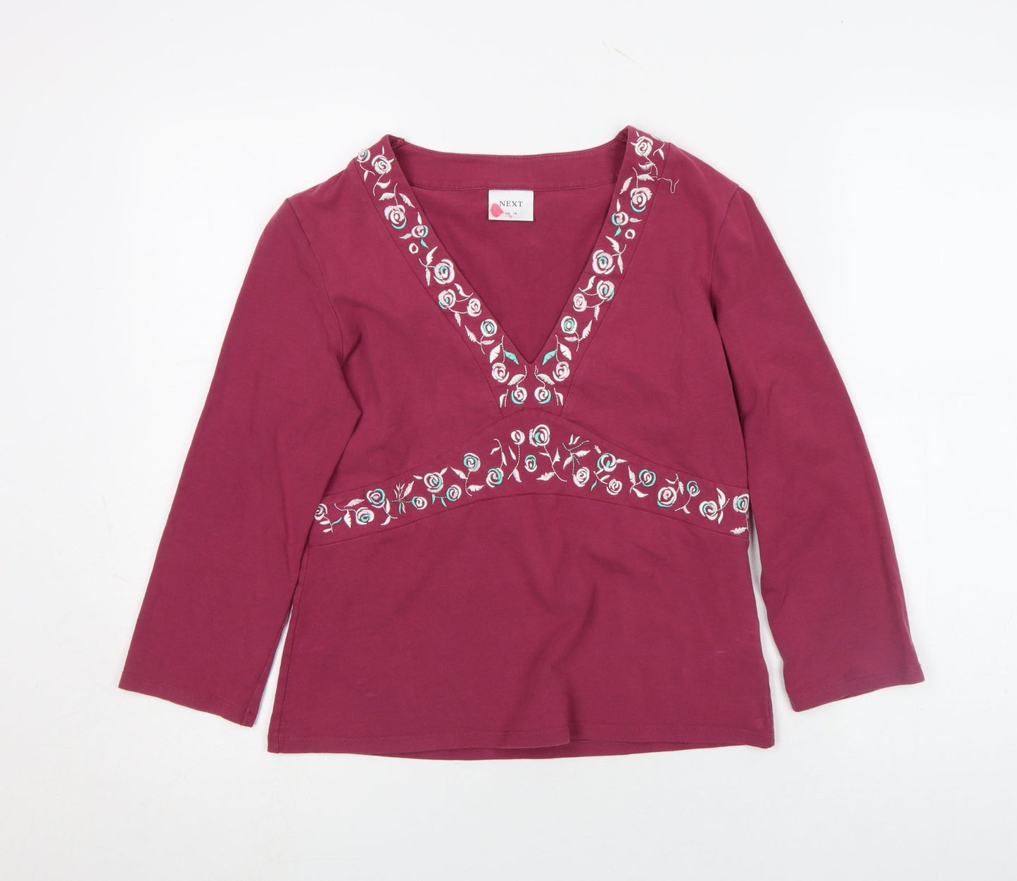 Next Womens Red Embroidered V-Neck Long Sleeve Tunic Top Size 14