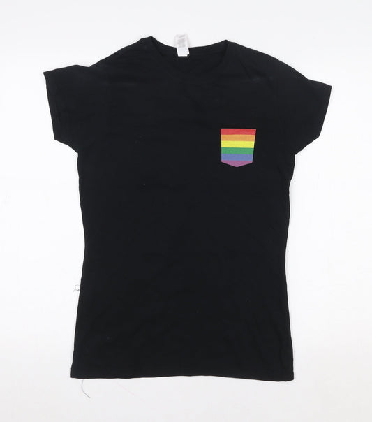 Gildan Women's Black Short Sleeve Cotton T-Shirt with Rainbow Pocket - Size M