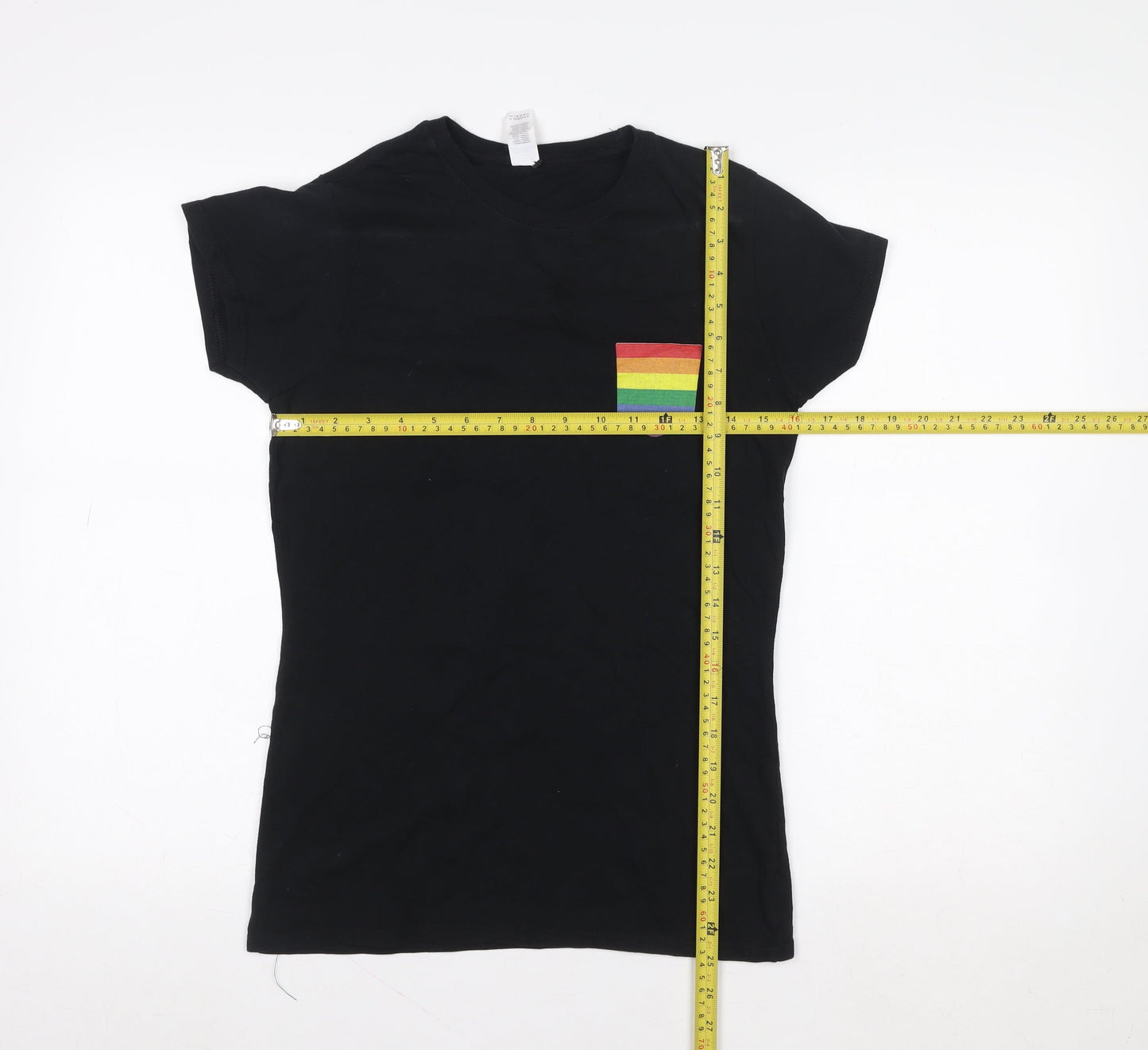 Gildan Women's Black Short Sleeve Cotton T-Shirt with Rainbow Pocket - Size M