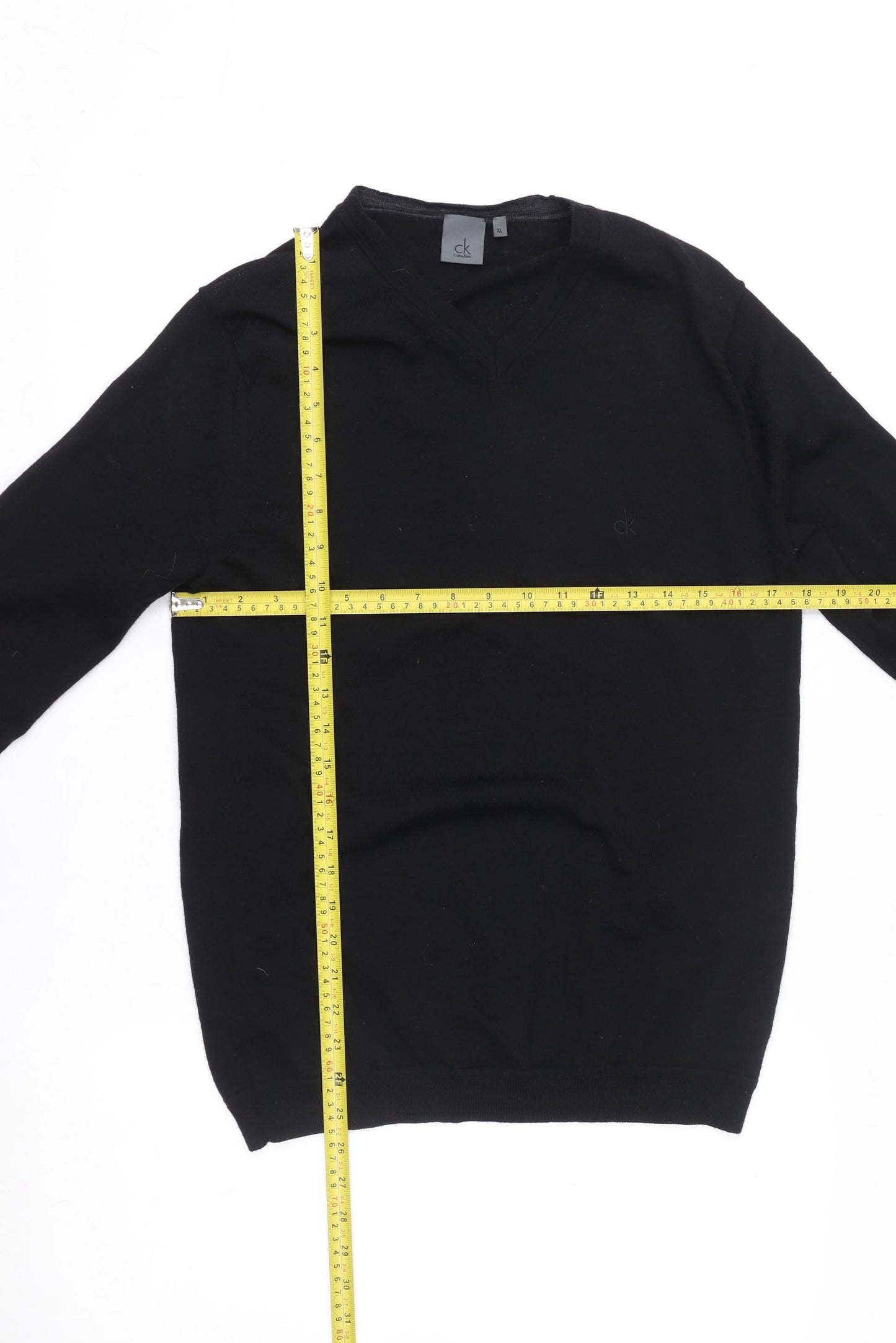 Calvin Klein Men’s Black Wool V-Neck Jumper XL Regular Fit
