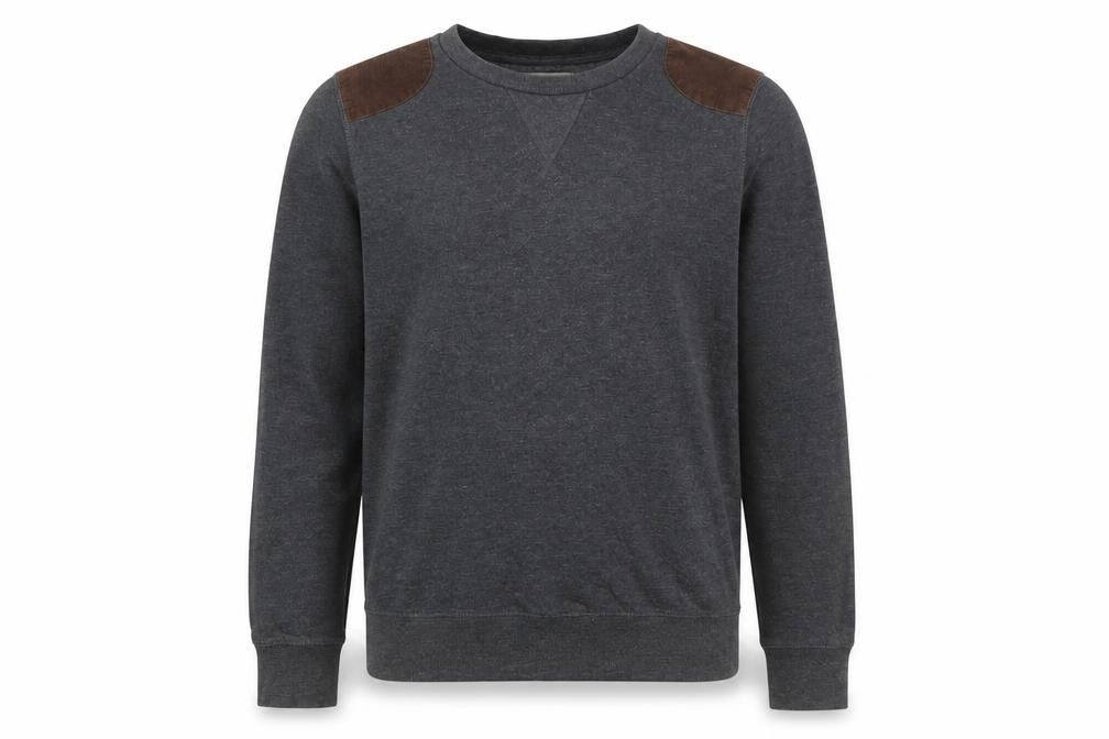 Brave Soul Men's Grey Pullover Sweatshirt Large Crew Neck with Suede Patches