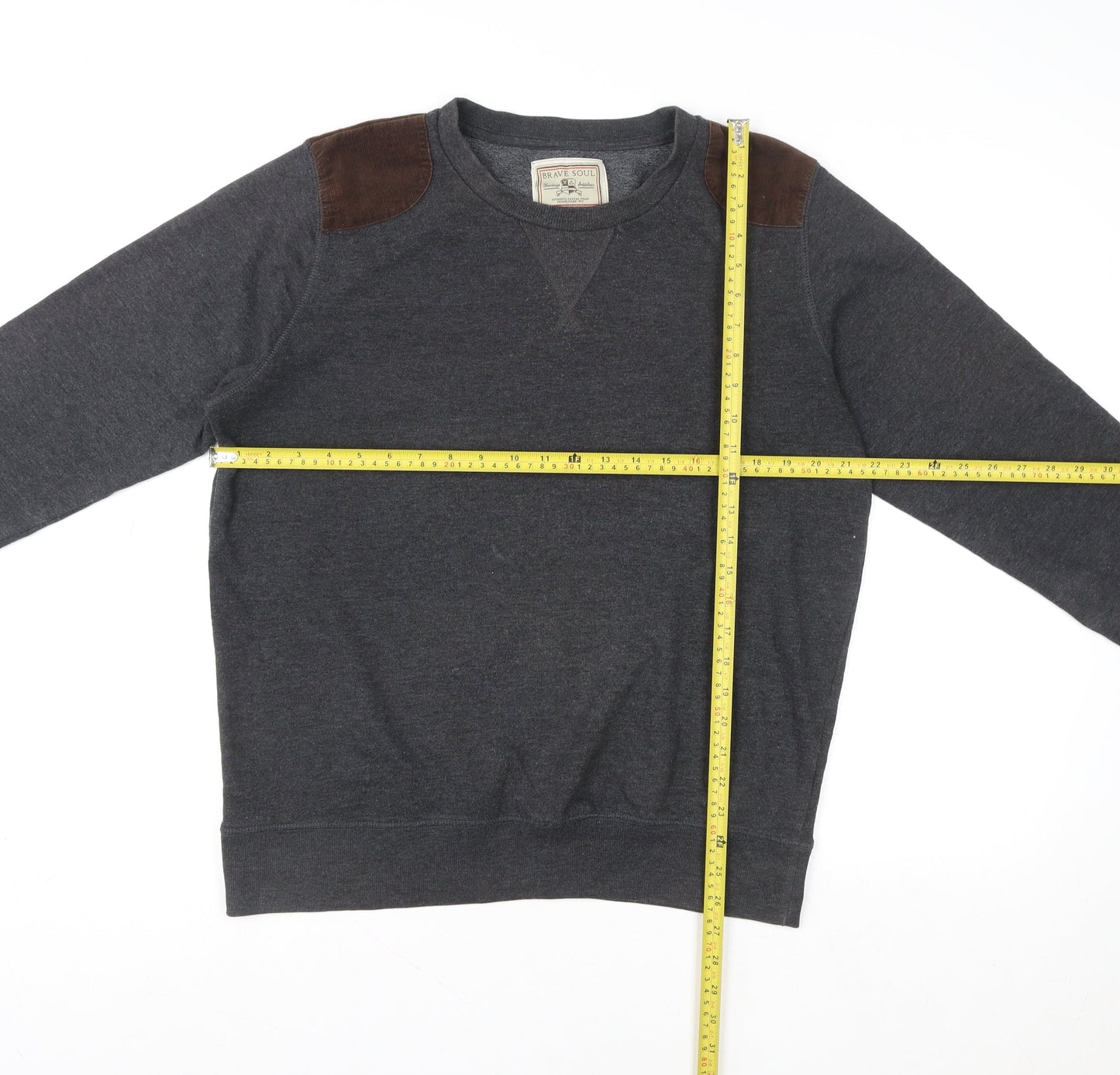 Brave Soul Men's Grey Pullover Sweatshirt Large Crew Neck with Suede Patches
