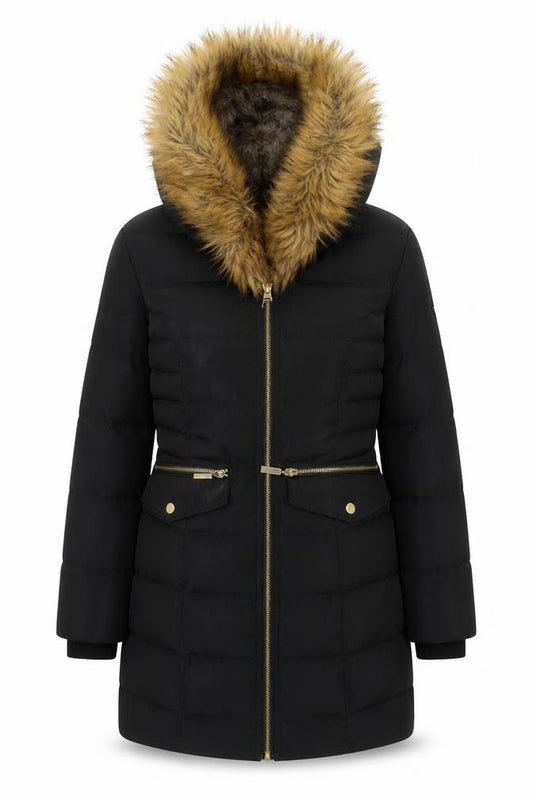 Oasis Womens Black XS Long Puffer Coat Hooded Faux Fur Trim Winter Jacket
