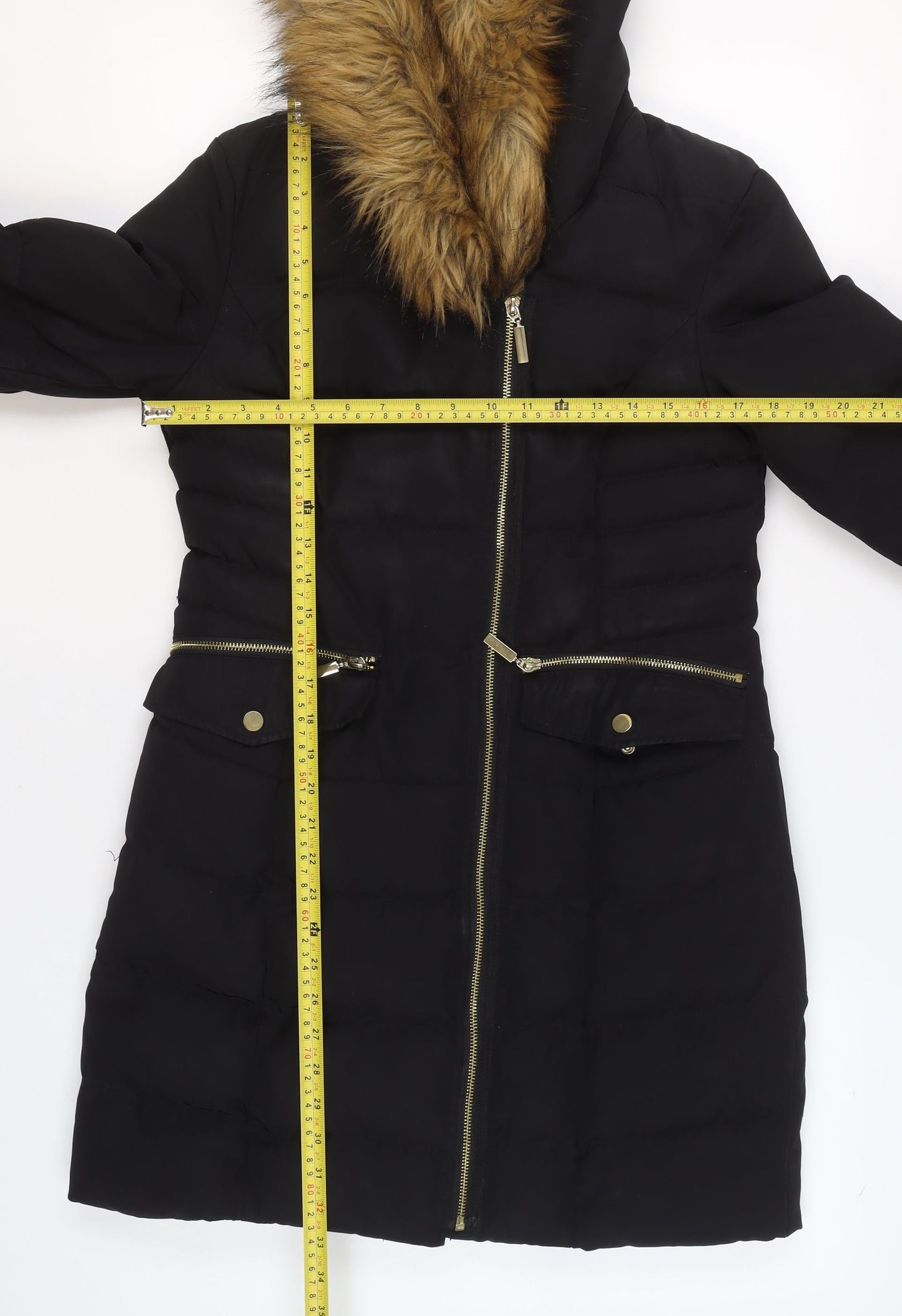 Oasis Womens Black XS Long Puffer Coat Hooded Faux Fur Trim Winter Jacket