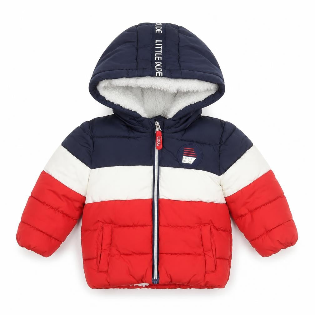 F&F Unisex Baby Navy Red Colourblock Puffer Jacket 0-3 Months Hooded Lined