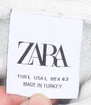 Zara Women White L Pullover Hoodie Cotton Blend Casual