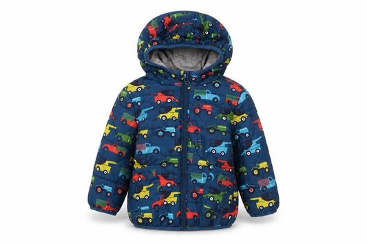 Front view of Marks & Spencer boys’ multicoloured 12-18 months hooded puffer jacket cars print