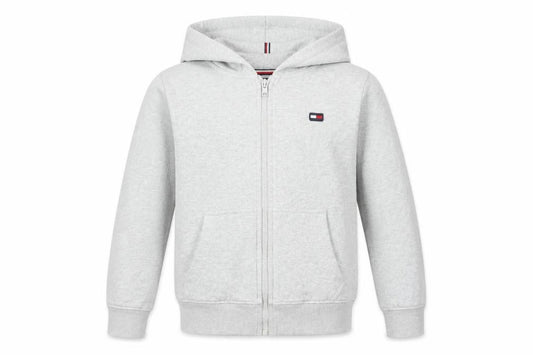 Front view of Tommy Hilfiger boys’ grey full zip hoodie, size 140, cotton blend casual