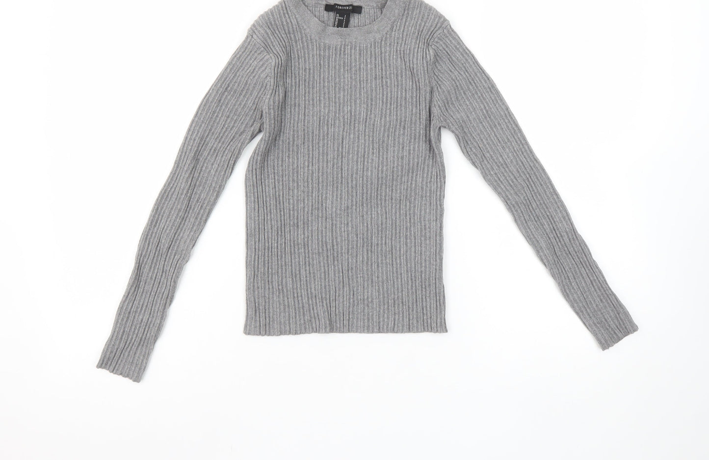 Forever 21 Girls Grey Ribbed Knit Long Sleeve Slim Fit Pullover Top S