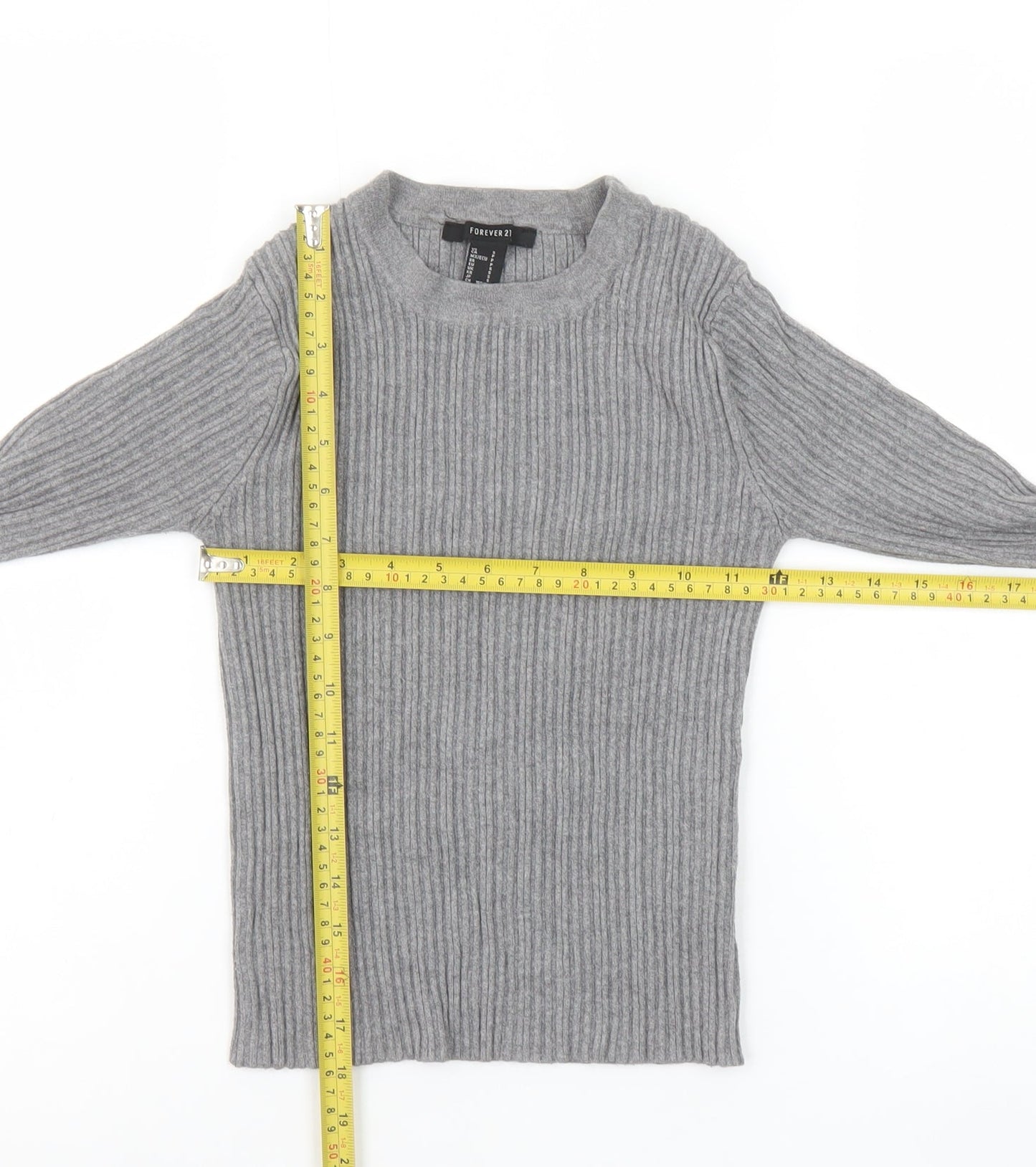 Forever 21 Girls Grey Ribbed Knit Long Sleeve Slim Fit Pullover Top S