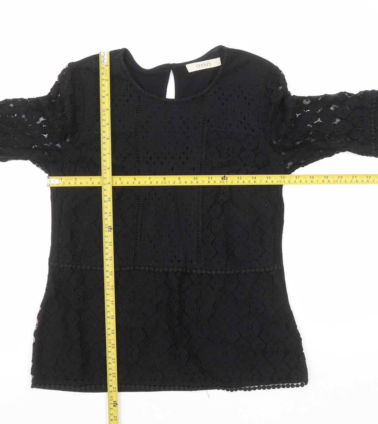 Oasis Womens Black Lace 3/4 Sleeve Tunic Blouse Size S