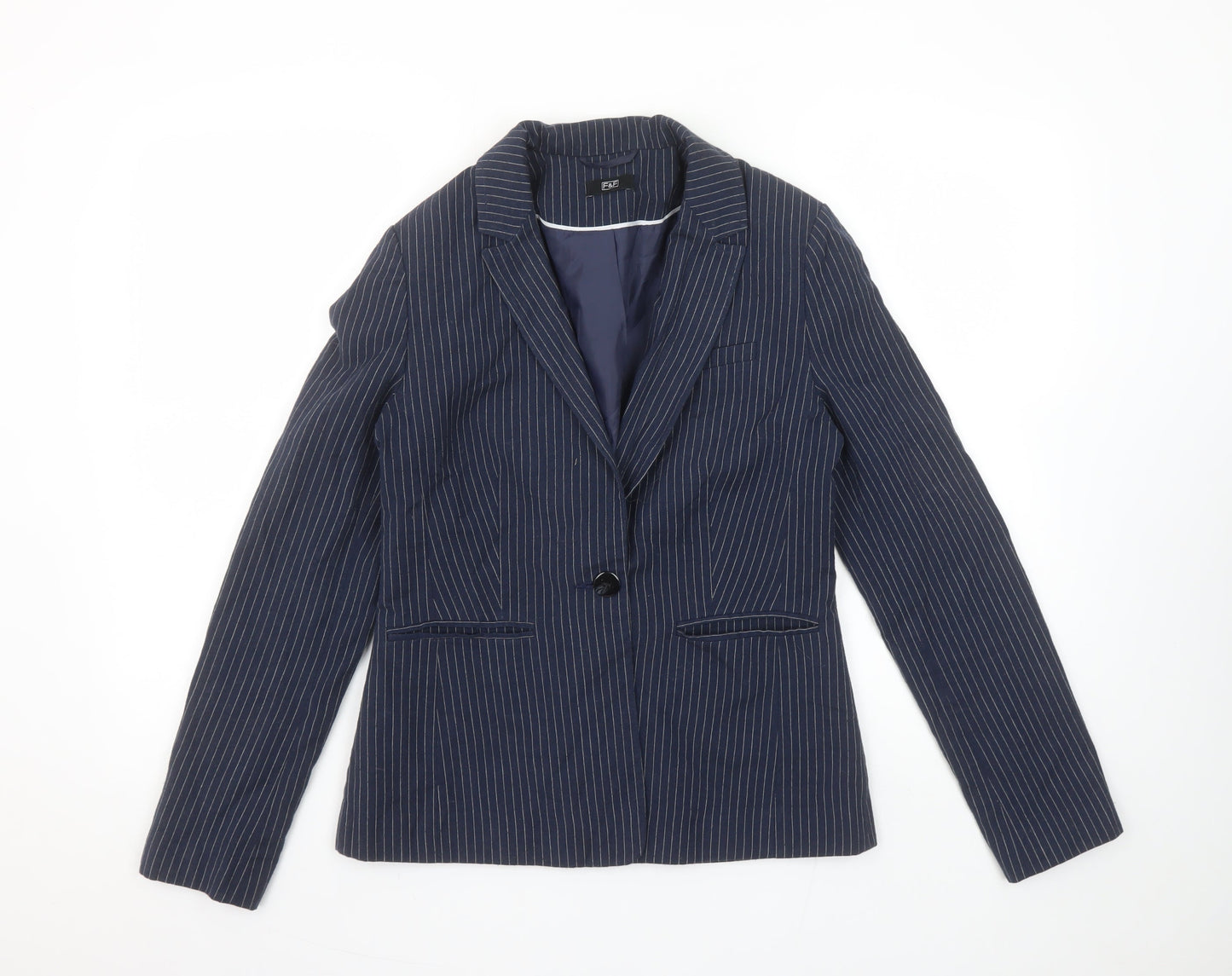 F&F Women’s Navy Pinstripe Single-Breasted Blazer UK 10 Classic Fit