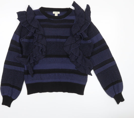Oasis Women Blue Striped Ruffle Knit Jumper Size M
