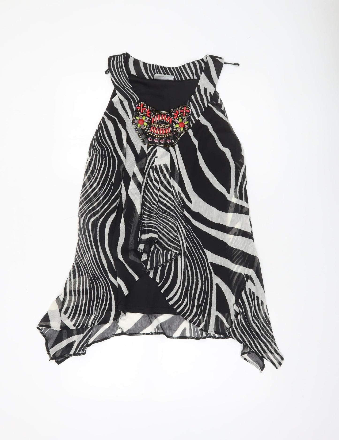 Wallis Womens Black Zebra Beaded Halter Neck Sleeveless Tunic Blouse Size M