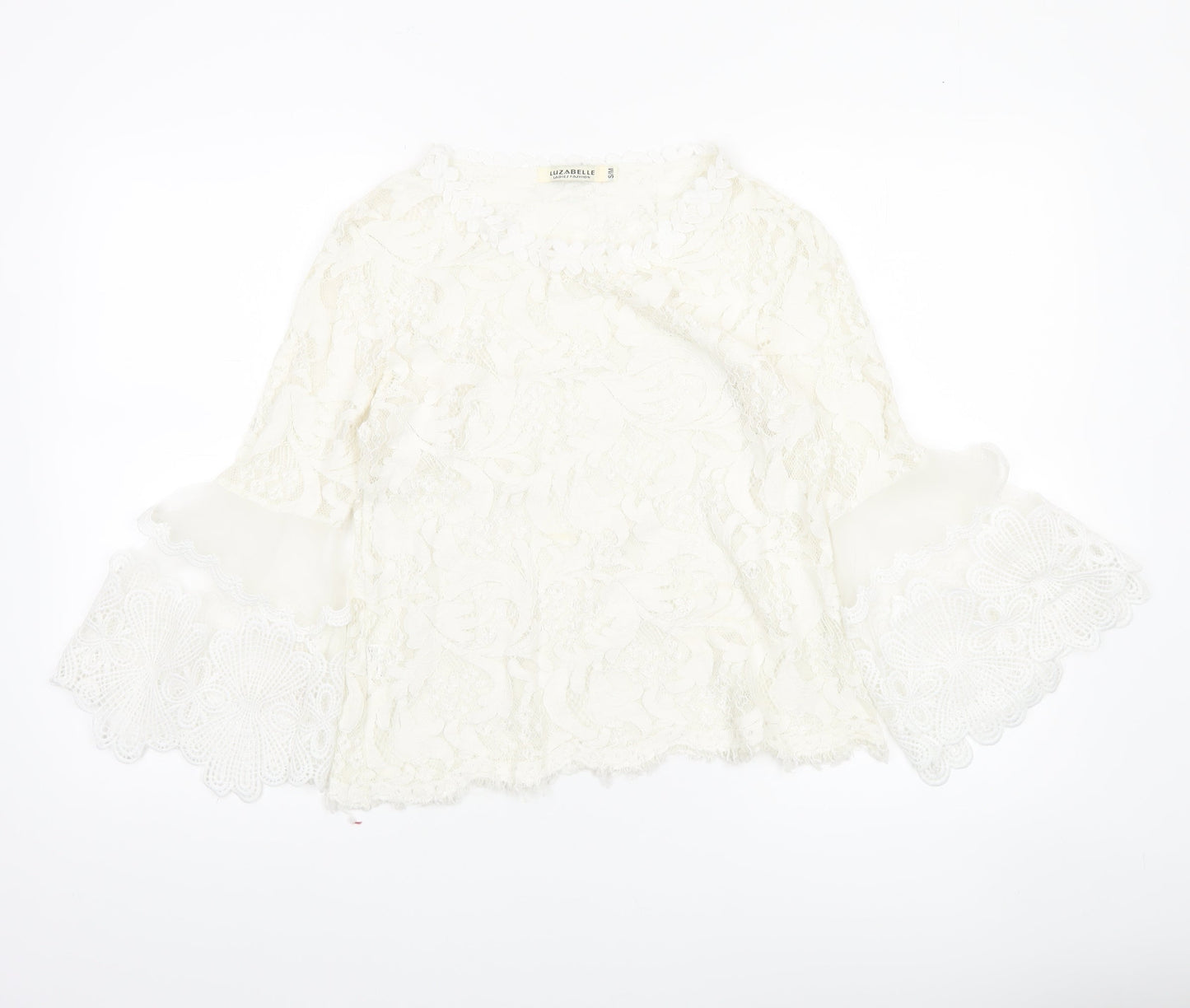 Luzabelle Women Ivory Lace Bell Sleeve Blouse S/M Elegant Tunic Top