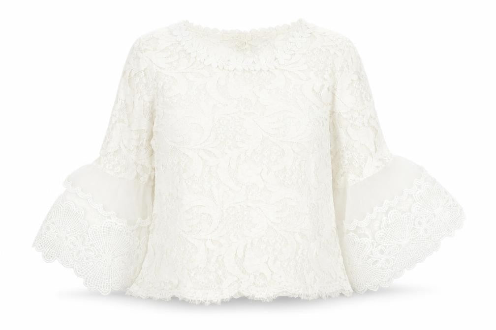 Luzabelle Women Ivory Lace Bell Sleeve Blouse S/M Elegant Tunic Top