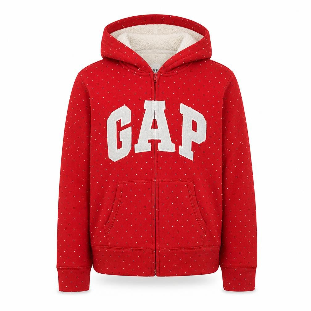 GAP Girls Red Glitter Polka Dot Full Zip Fleece Lined Hoodie XL 12-13 Years
