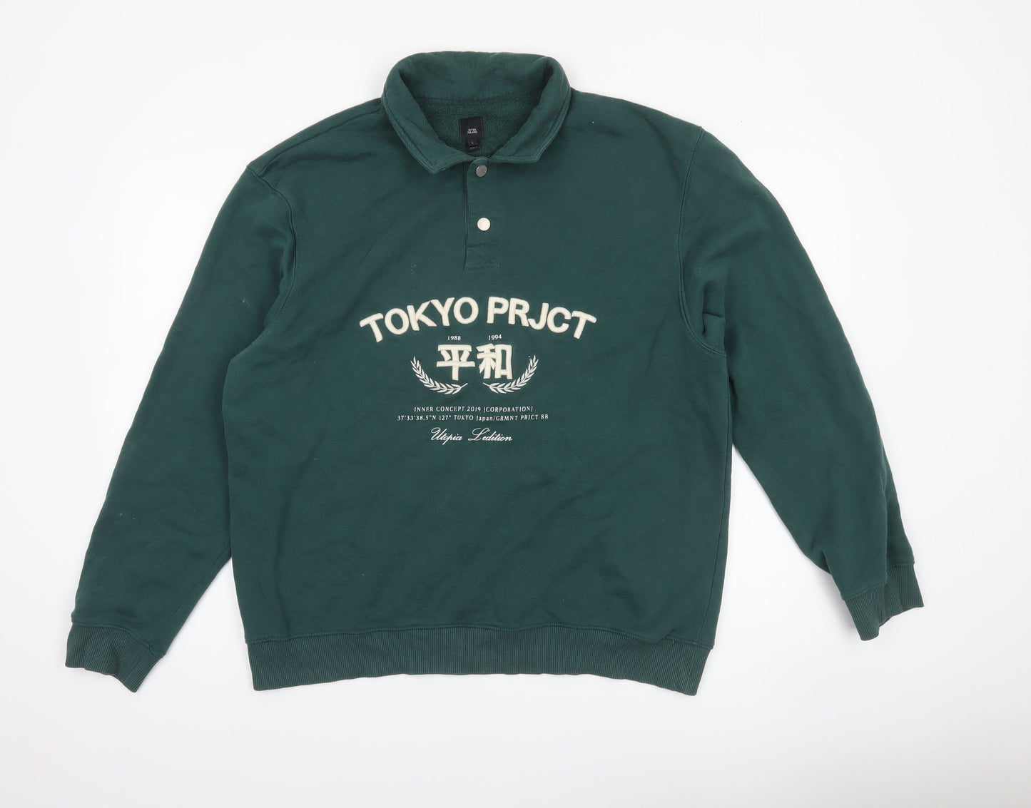 River Island Men's Green Collared Henley Sweatshirt L Logo Print