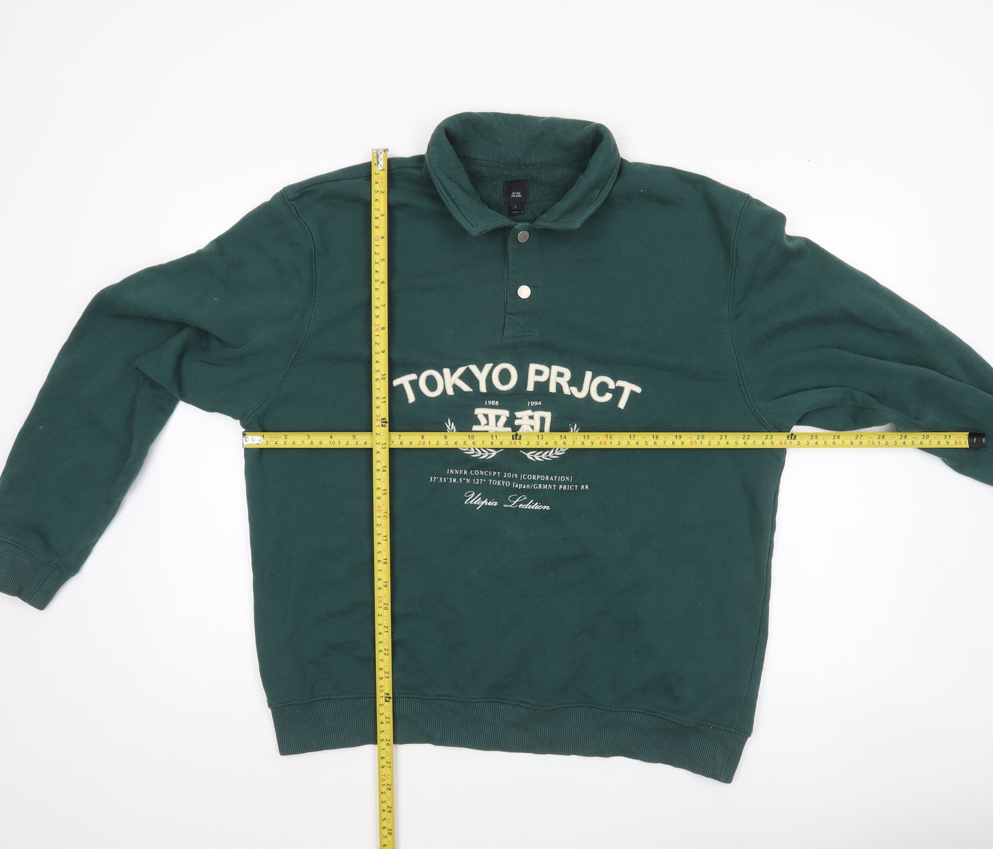 River Island Men's Green Collared Henley Sweatshirt L Logo Print
