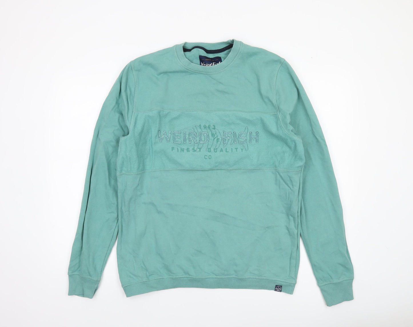 Weird Fish Men's Green Cotton Embroidered Crew Neck Sweatshirt Size L