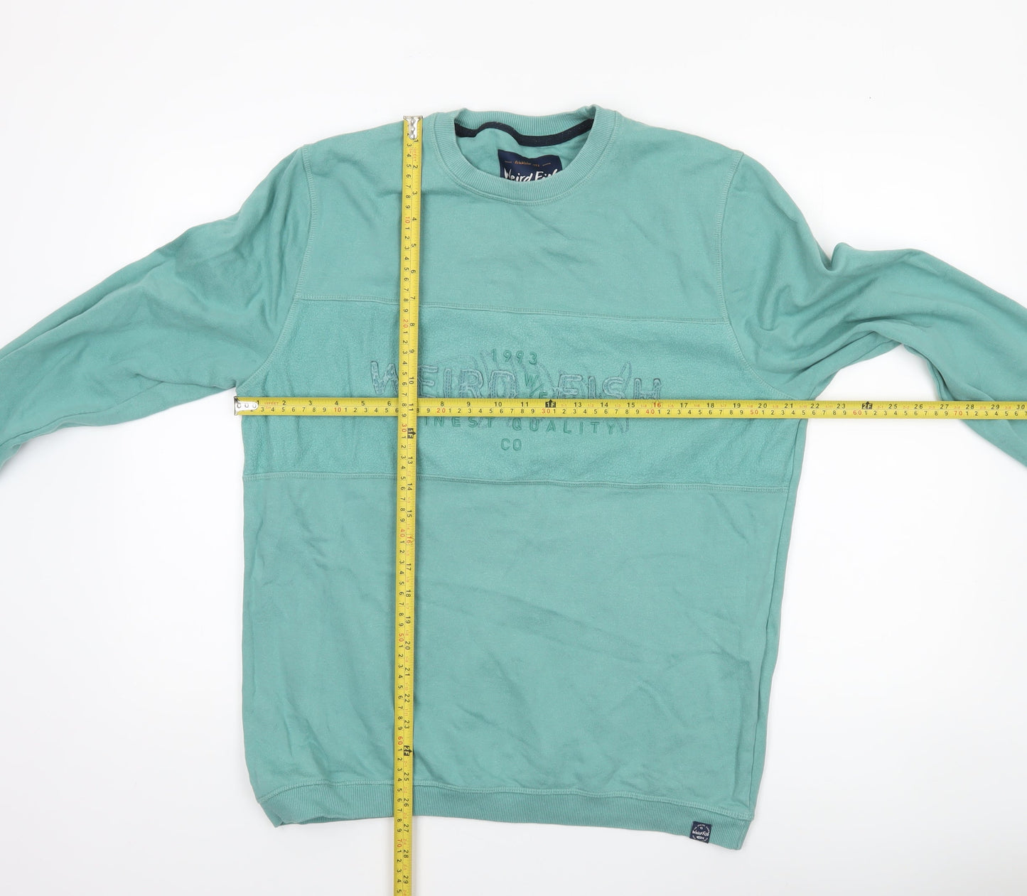 Weird Fish Men's Green Cotton Embroidered Crew Neck Sweatshirt Size L