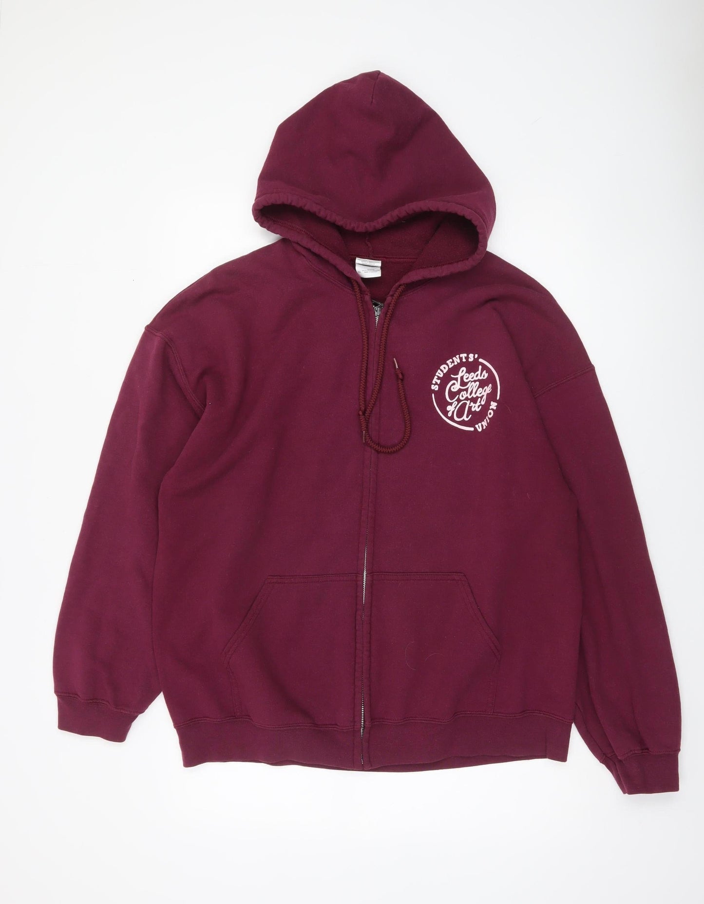 Gildan Womens Burgundy Full Zip Hoodie XL Leeds College Art Graphic