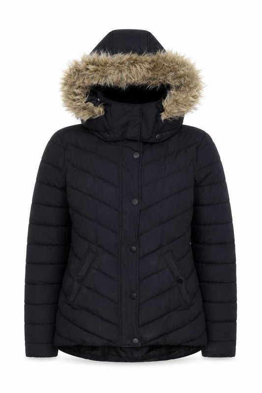 L.O.G.G. Womens Black Faux Fur Hooded Puffer Jacket Size 14