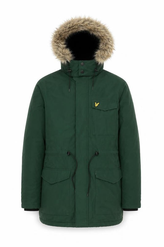 Lyle & Scott Men's Green Parka Jacket Faux Fur Hood Size S