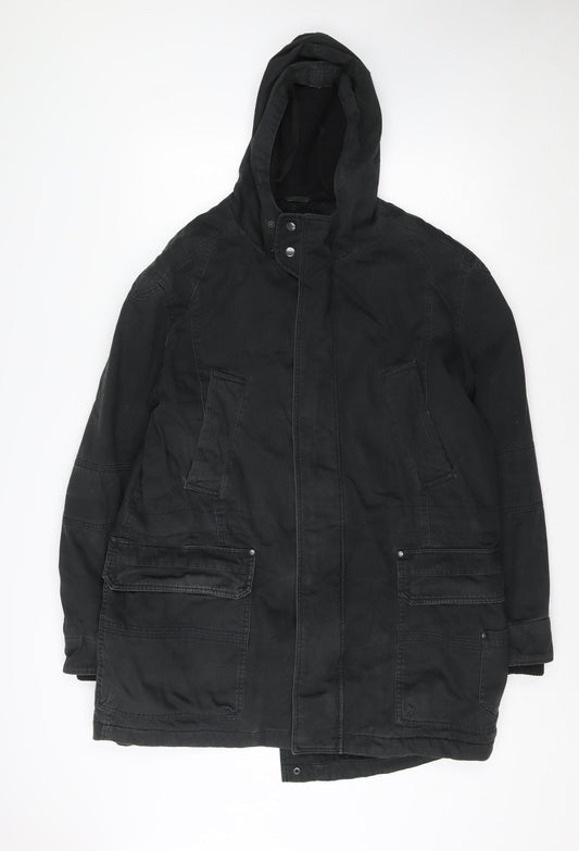 Next Men's Black Hooded Parka Coat Size M Regular Fit Cotton Blend