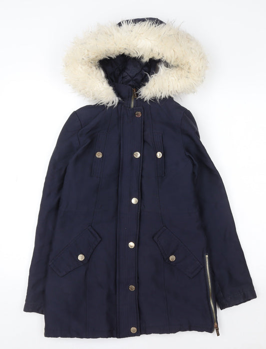 Lipsy London Women's Blue Faux Fur Trim Hooded Parka Coat Size 6