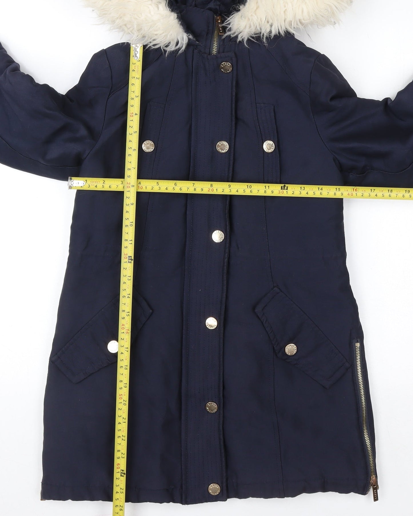 Lipsy London Women's Blue Faux Fur Trim Hooded Parka Coat Size 6