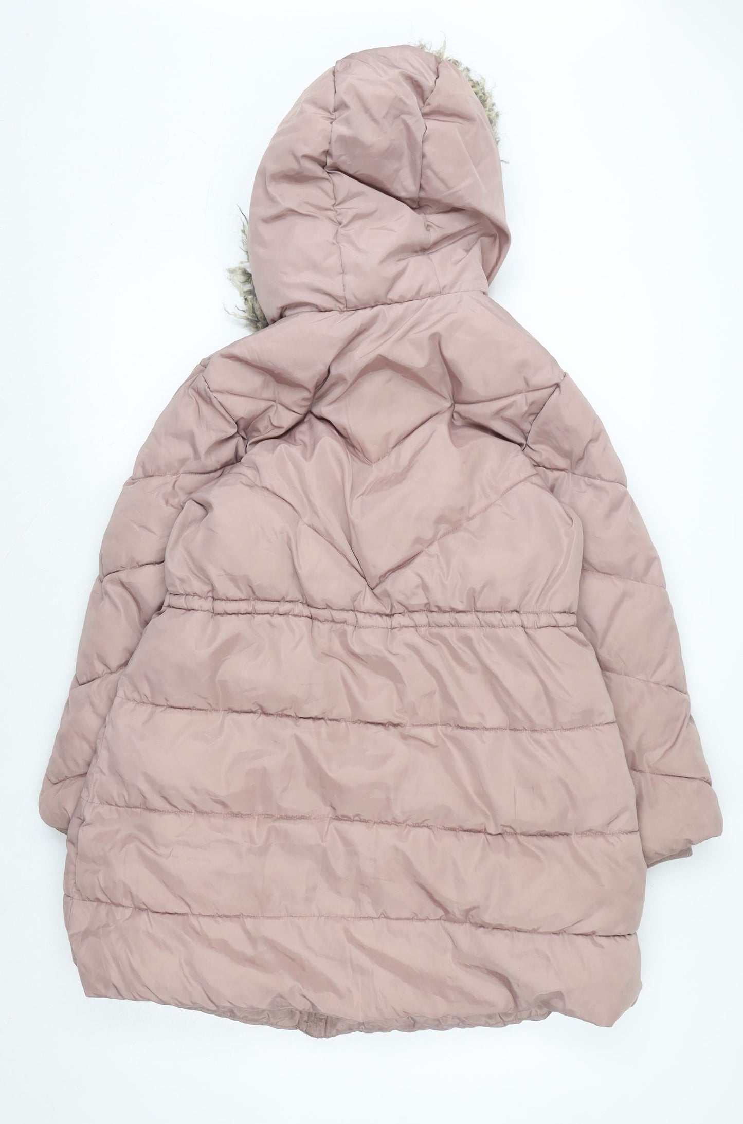 Next Girls Pink Long Hooded Puffer Coat 11 Years Faux Fur Trim Winter Jacket