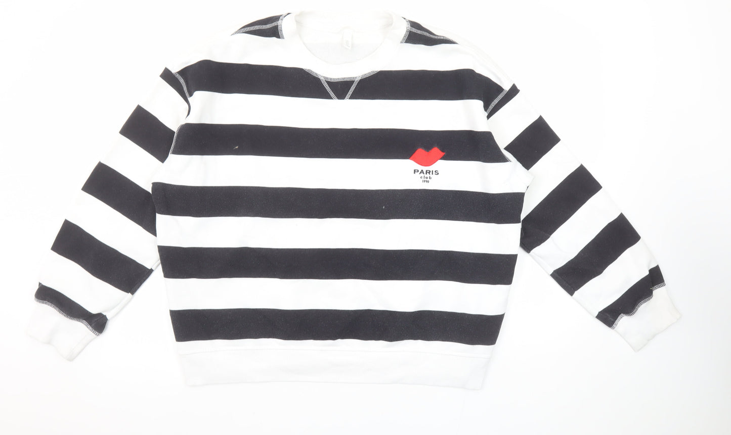 H&M Women Black White Striped Paris Club Sweatshirt Size 14 L