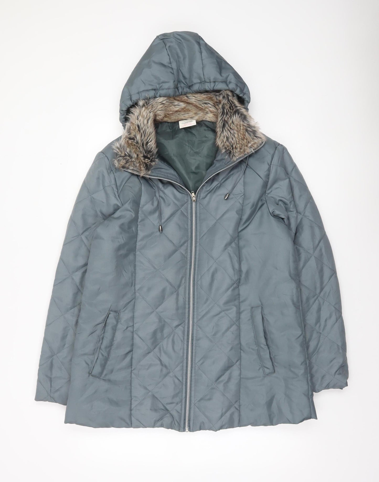 Anne de Lançay Womens Grey Quilted Faux Fur Hooded Puffer Coat S