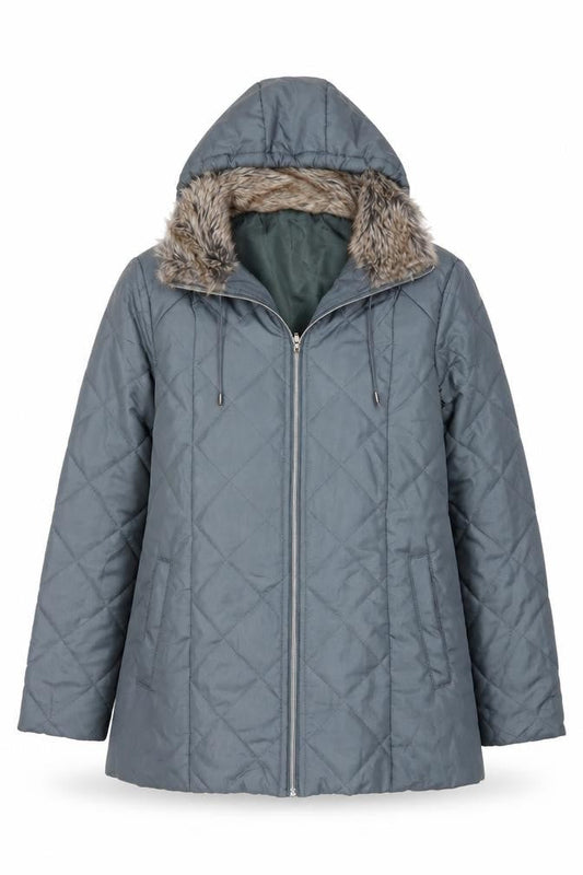 Anne de Lançay Womens Grey Quilted Faux Fur Hooded Puffer Coat S