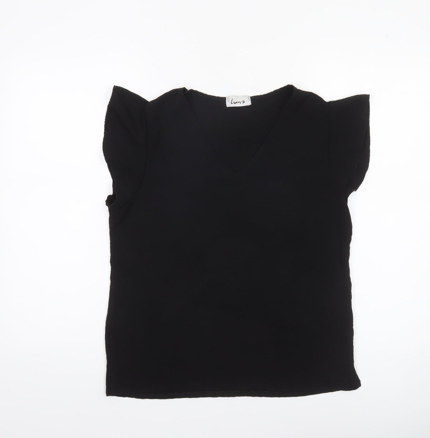 Luna Women Black V-Neck Flutter Sleeve Blouse M